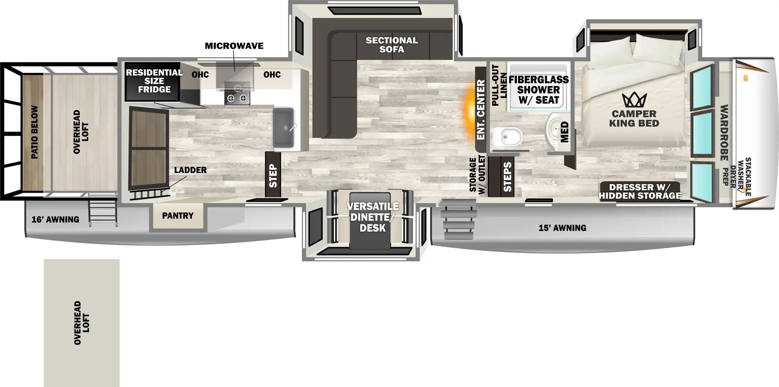 The Sabre 36ML floorplan has one entry and four slide outs. Exterior features include: fiberglass exterior and 16' & 15' awning. Interiors features include: loft, rear kitchen and front bedroom.